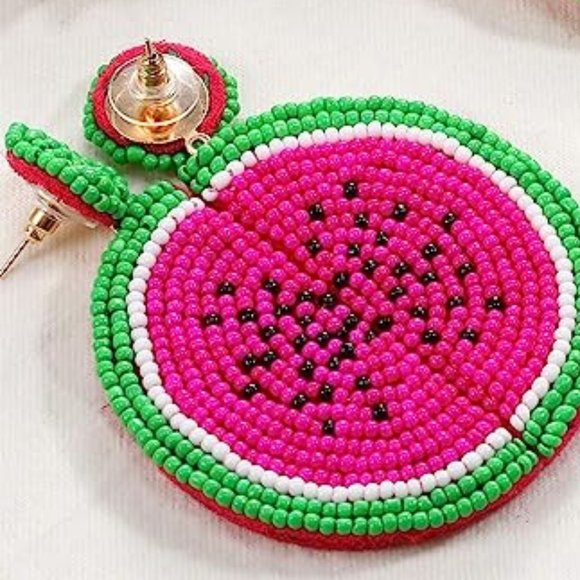 Long 3" Pink Watermelon Cute Fruit Slices Beaded Big Post Earrings New - Picture 3 of 6
